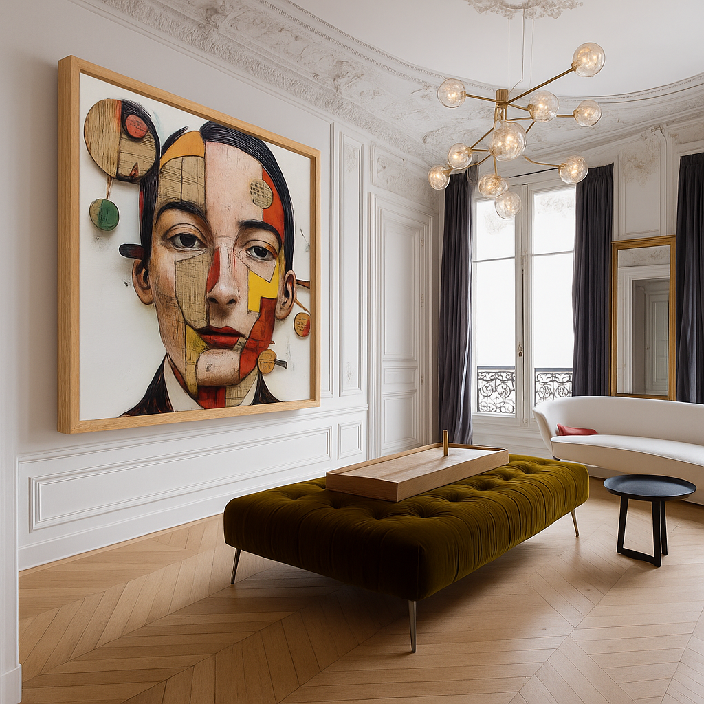 Modern living room with abstract art on the wall, a bench, and a sofa.