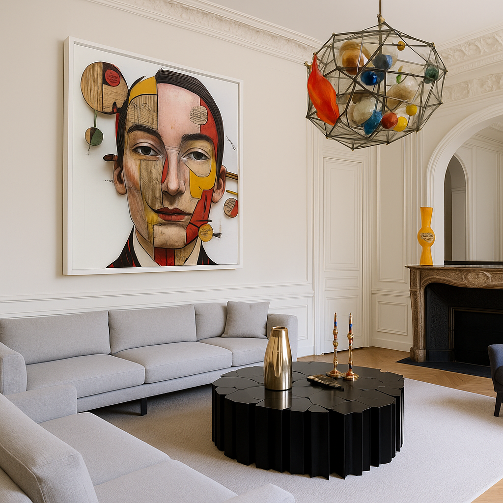 Modern living room with abstract art, black coffee table, and decorative elements.
