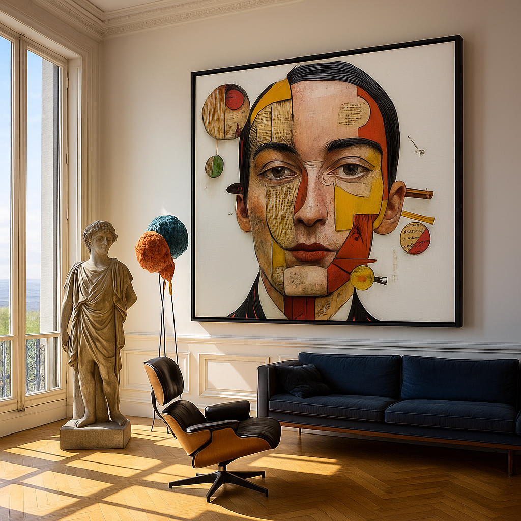 Modern living room with abstract art on the wall, statue, and chair.