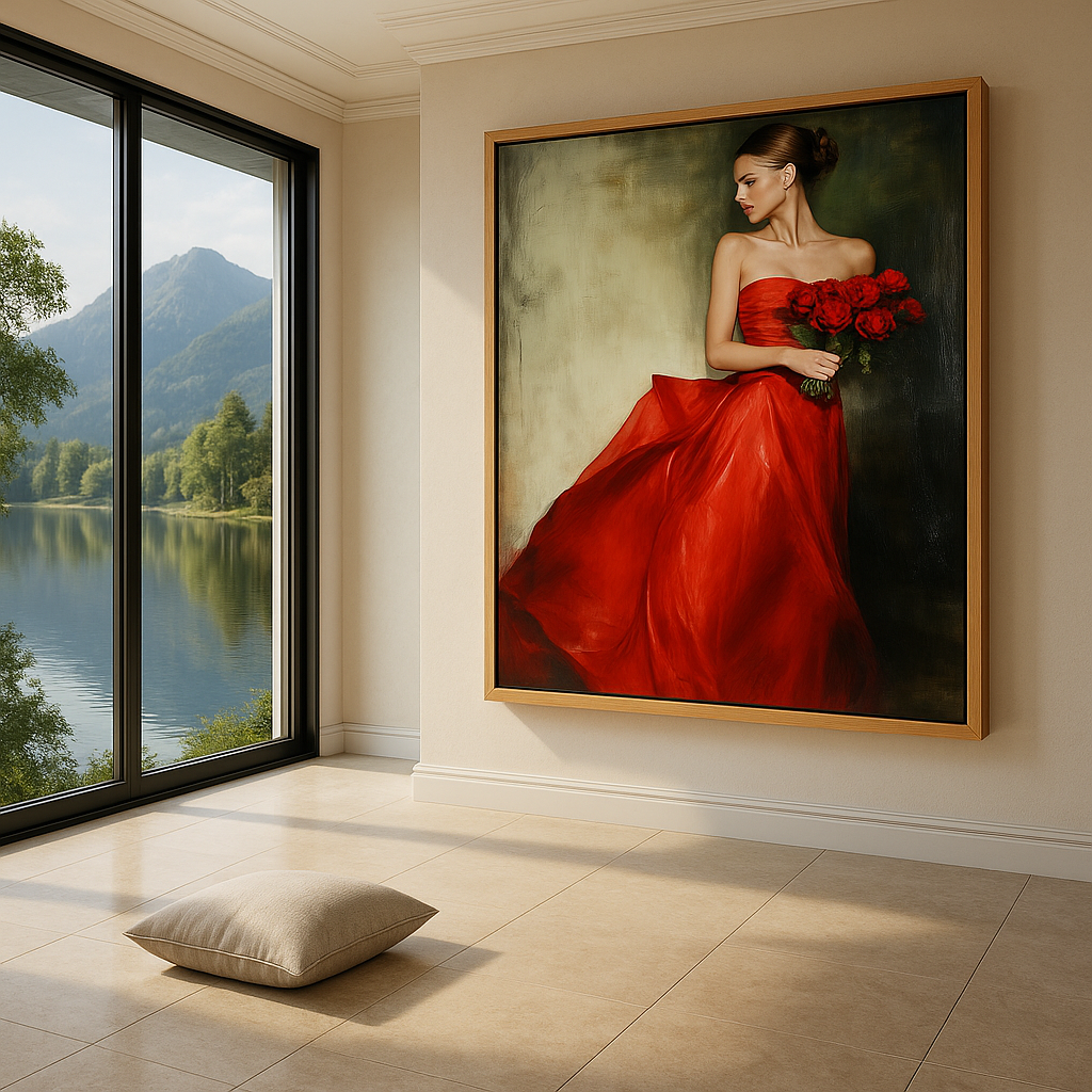 Original Painting : Lady in Red - Lady in Red Painting with Roses | Framed Art