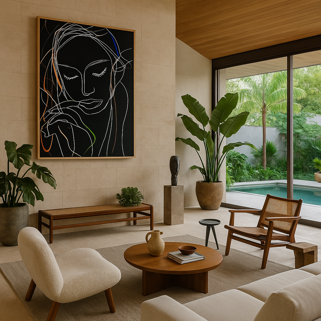 Minimalist line art woman on black canvas with colorful strokes – modern wall decor
