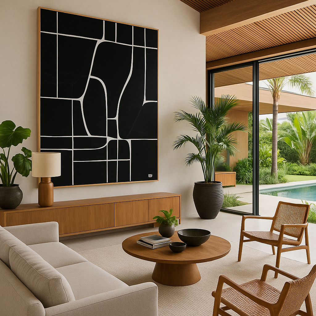 Minimalist geometric black and white canvas print titled Fractured Balance – modern abstract wall art in luxury tropical interior
