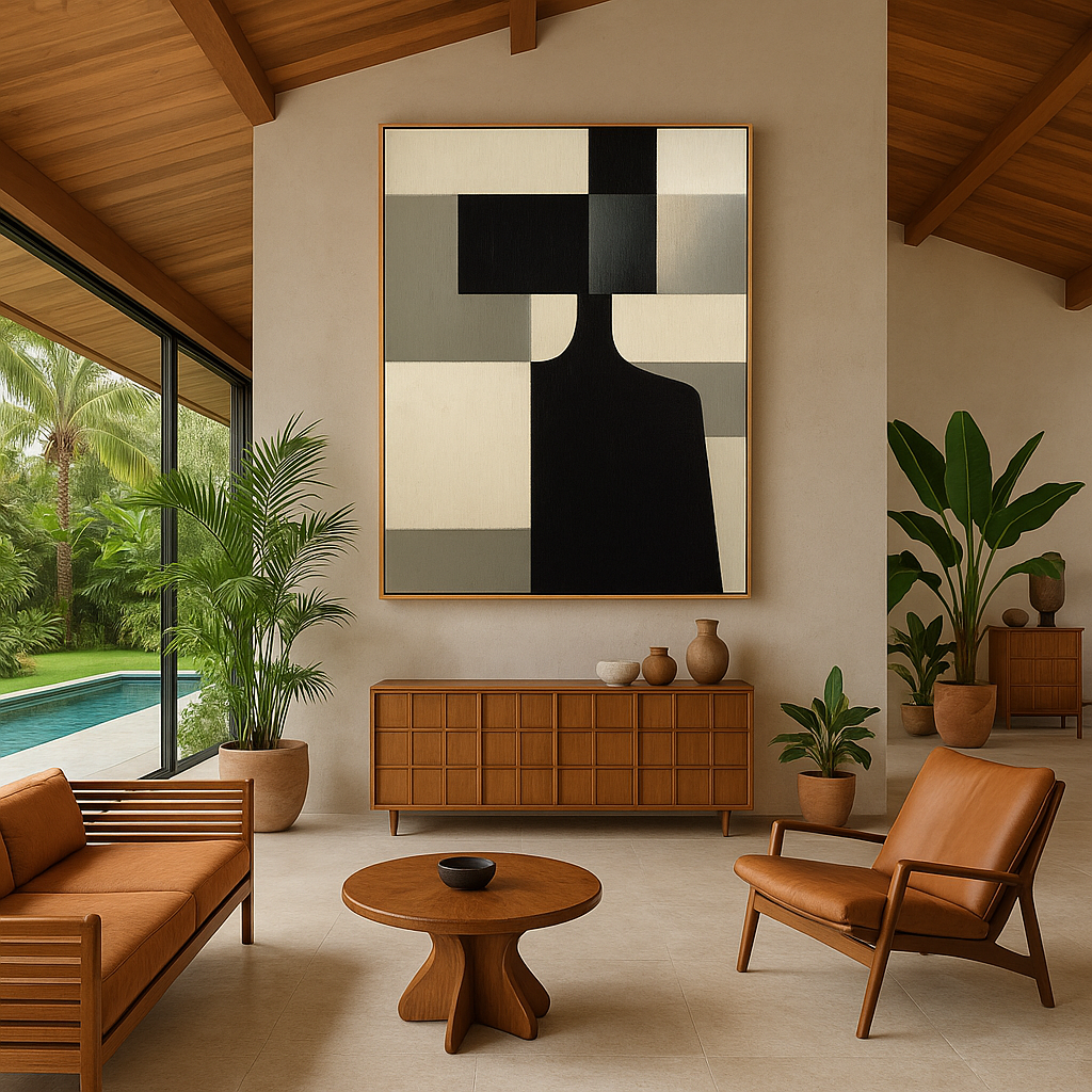 Neutral-toned abstract canvas art titled Architect of Silence – geometric black and beige artwork in luxury minimalist living room