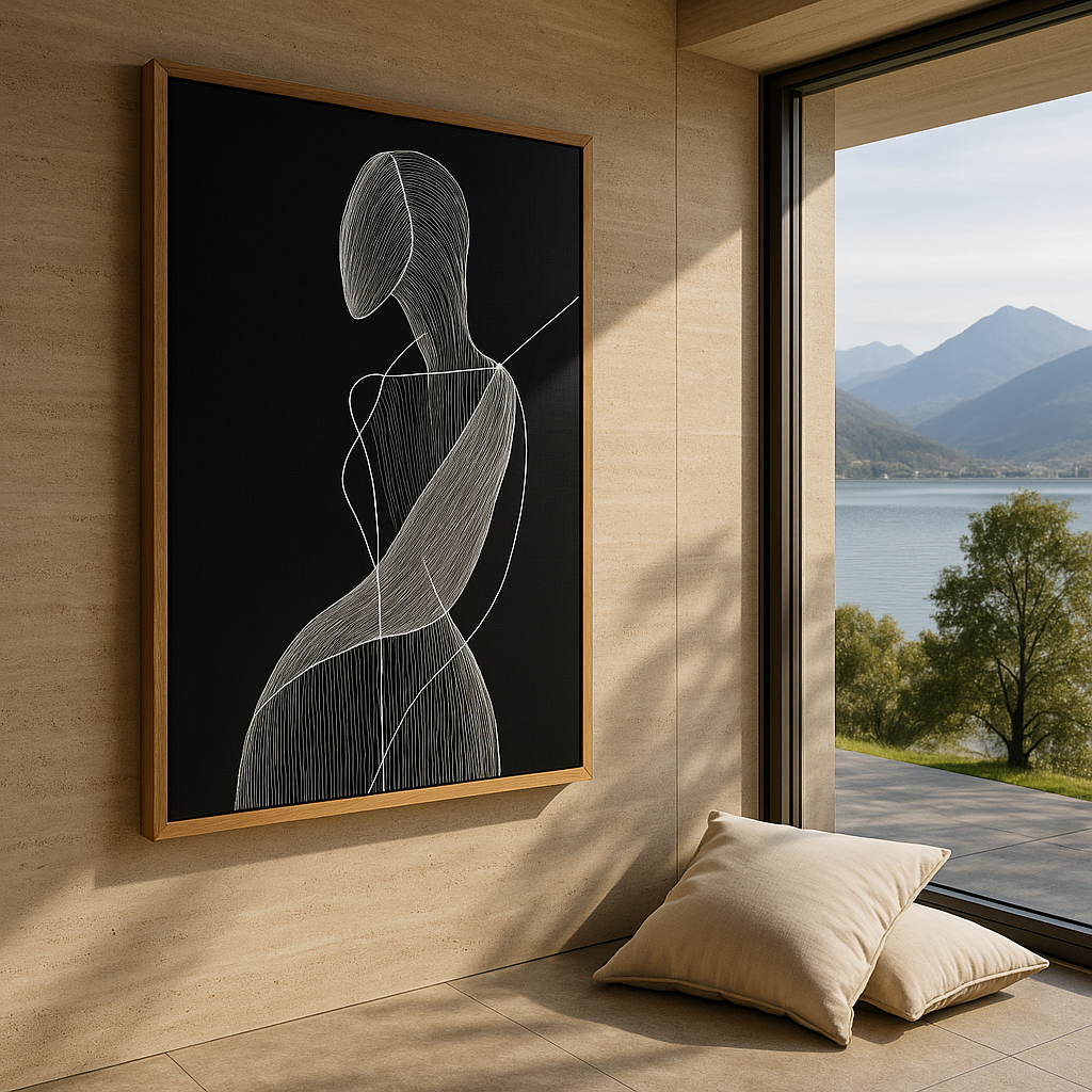 Vertical minimalist female line art on black canvas – titled Contour Whisper – serene modern interior with lake view