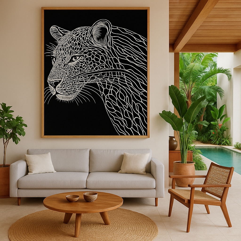 leopard line art print featuring intricate white line work on black background showing leopard portrait with detailed spot patterns