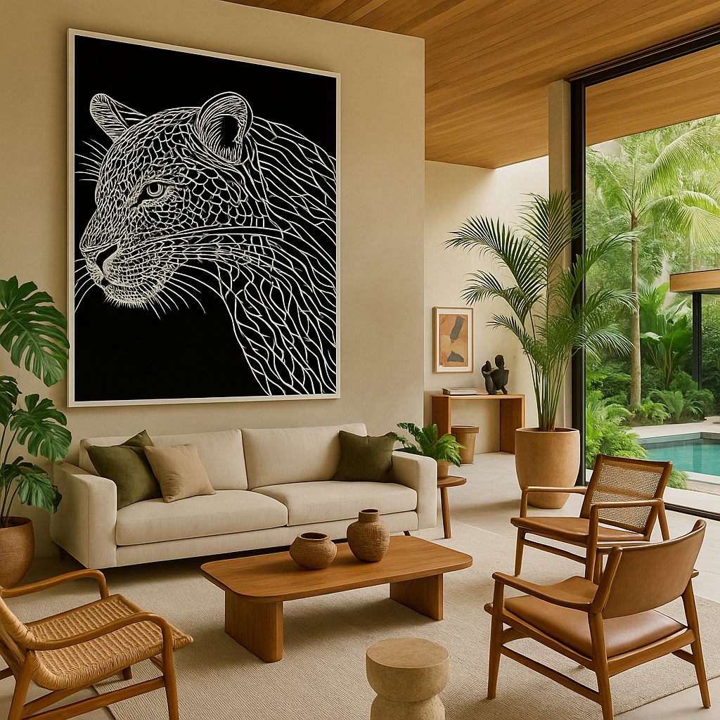 leopard line art print featuring intricate white line work on black background showing leopard portrait with detailed spot patterns