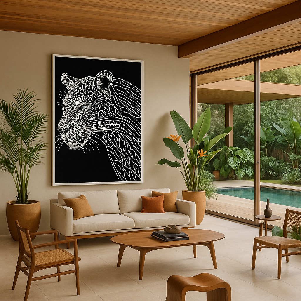 leopard line art print featuring intricate white line work on black background showing leopard portrait with detailed spot patterns