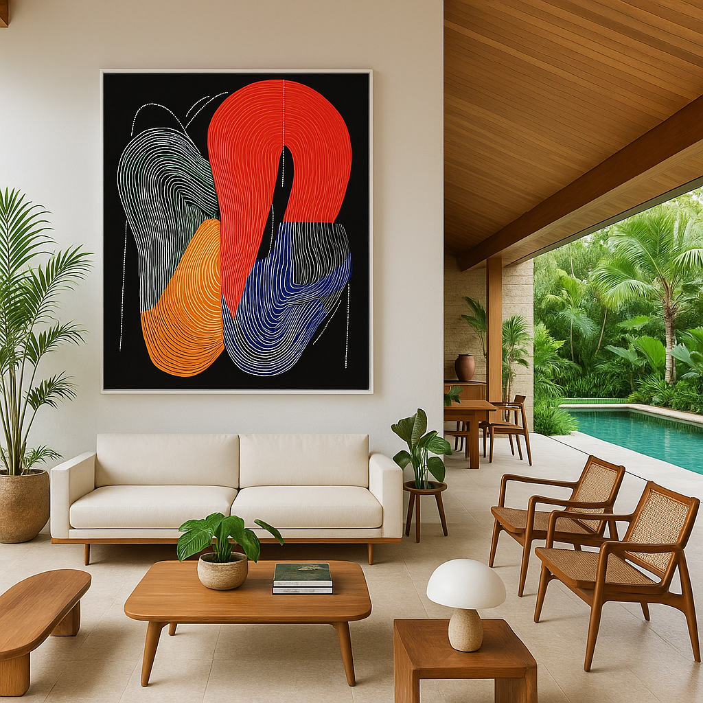 Bold abstract canvas wall art with colorful linework in red, orange, blue, and green – titled Rhythms in Color – modern interior with tropical decor