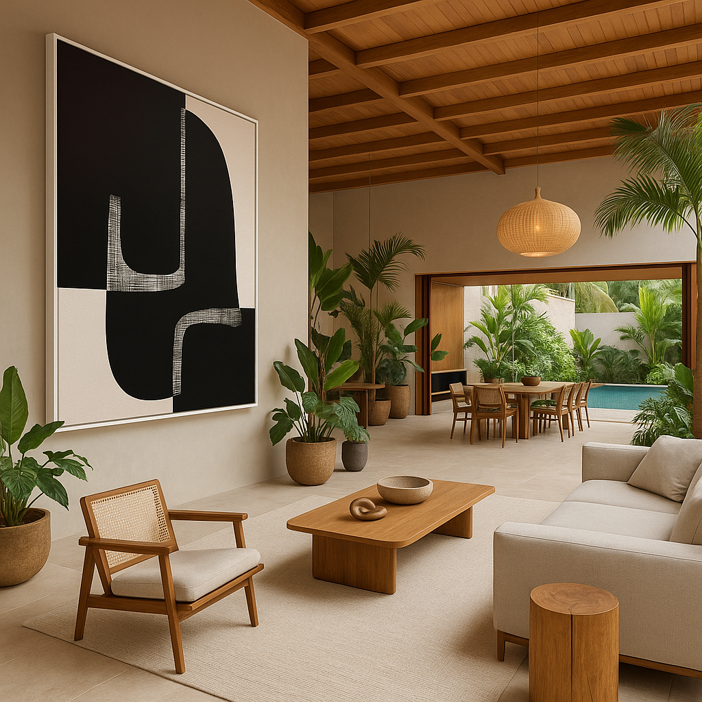 Minimalist abstract black and beige canvas artwork – titled Quiet Curve – displayed in Japandi-inspired luxury interior