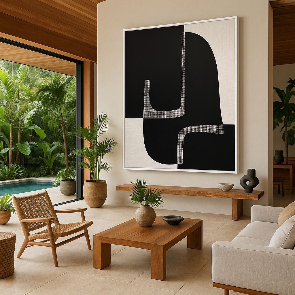 Minimalist abstract black and beige canvas artwork – titled Quiet Curve – displayed in Japandi-inspired luxury interior