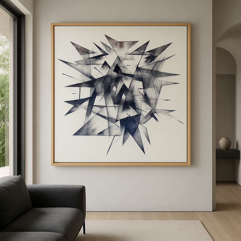 "Abstract black and white geometric canvas print with sharp edges, modern brutalist wall art"