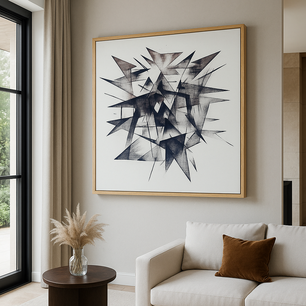 "Abstract black and white geometric canvas print with sharp edges, modern brutalist wall art"