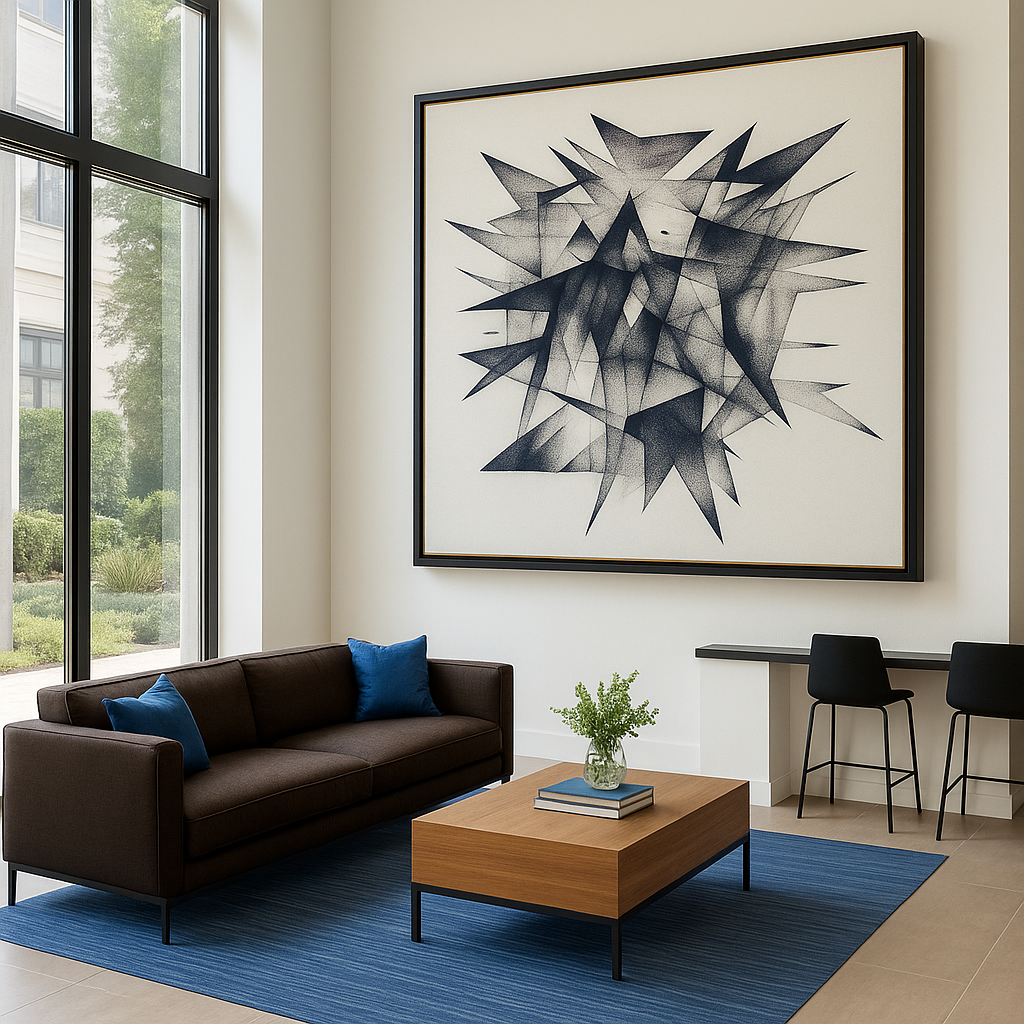 "Abstract black and white geometric canvas print with sharp edges, modern brutalist wall art"