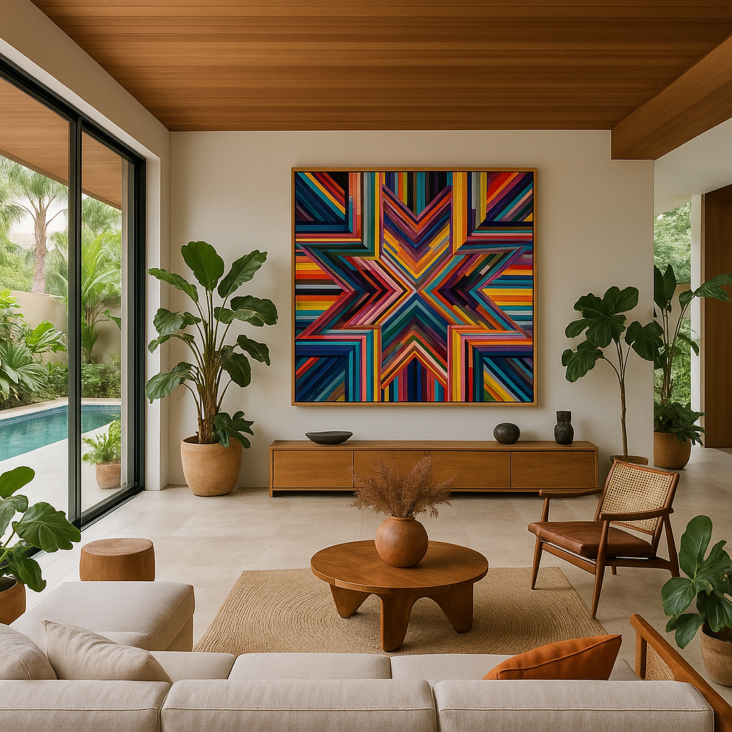 Colorful geometric canvas wall art featuring a bold, star-shaped rainbow pattern with 3D visual illusion and layered lines.