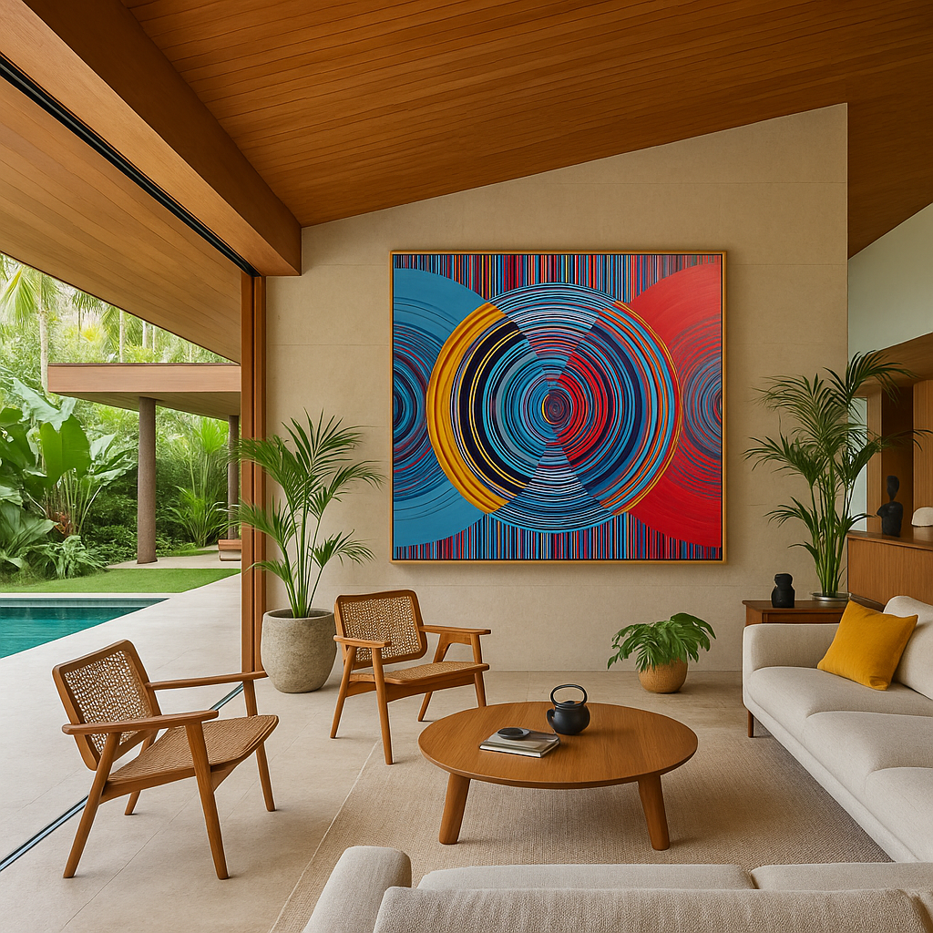 Bold vortex-style canvas art with overlapping circular patterns in vibrant red, blue & orange. “Pulse Collider” is modern wall art that makes a statement.