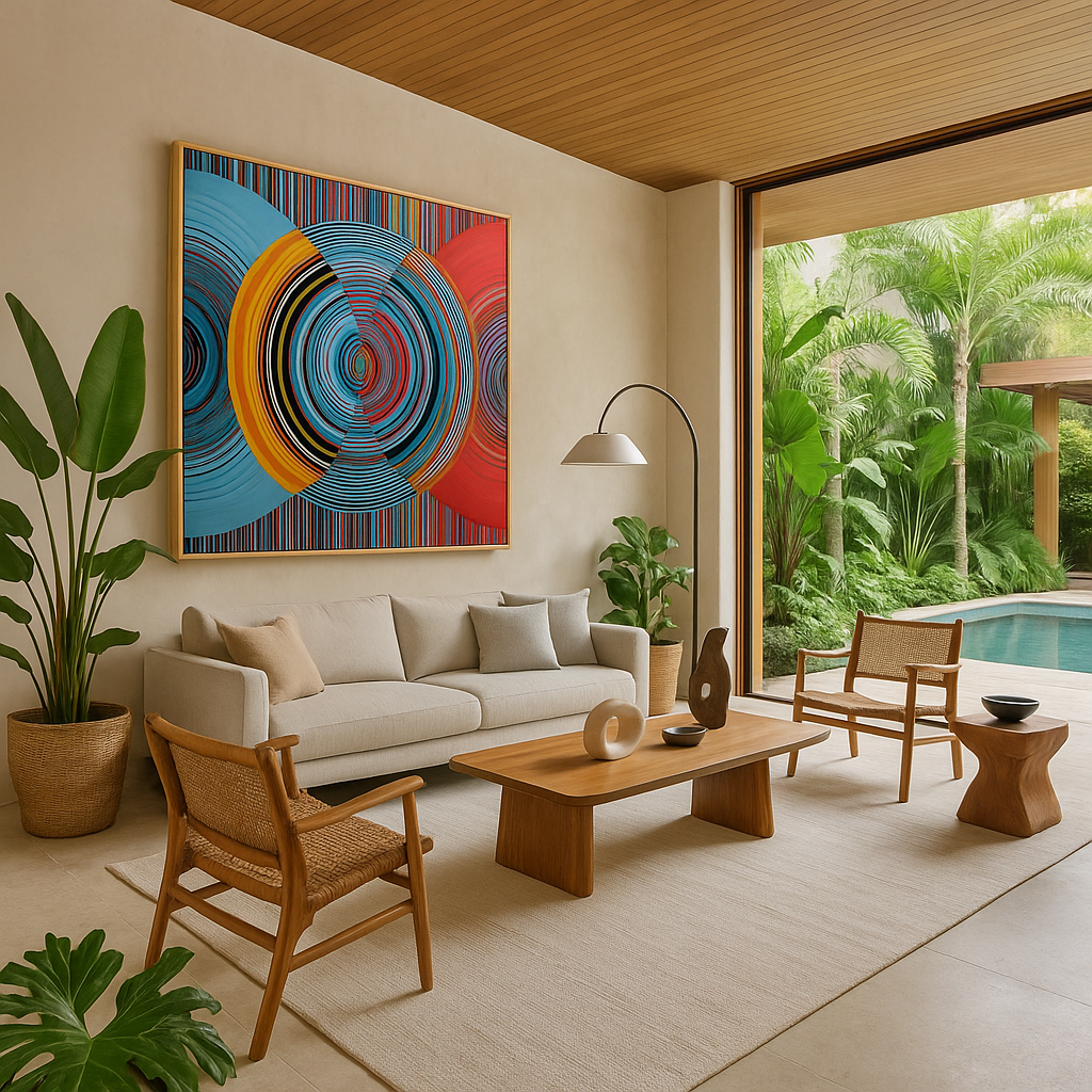 Bold vortex-style canvas art with overlapping circular patterns in vibrant red, blue & orange. “Pulse Collider” is modern wall art that makes a statement.
