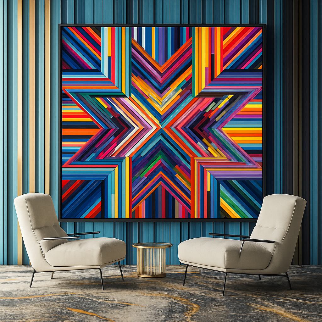 Colorful geometric canvas wall art featuring a bold, star-shaped rainbow pattern with 3D visual illusion and layered lines.