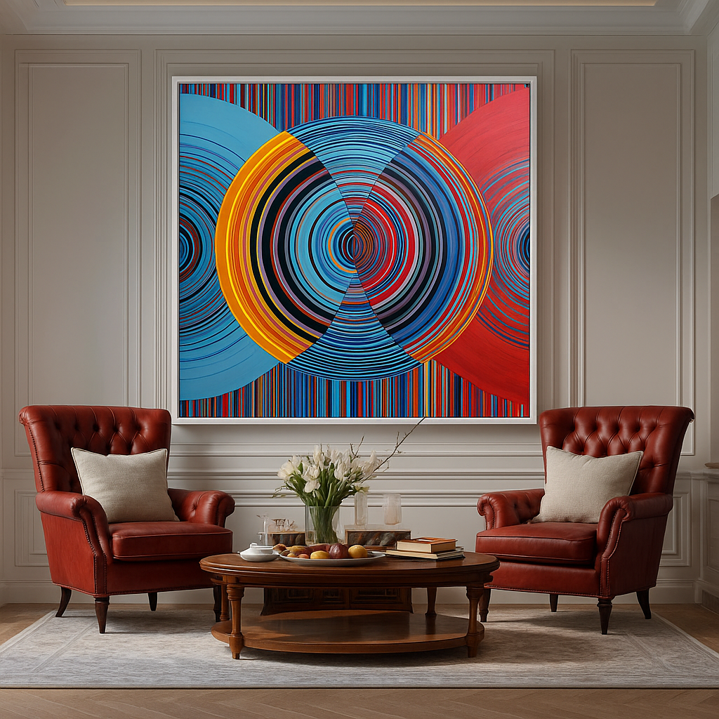 Bold vortex-style canvas art with overlapping circular patterns in vibrant red, blue & orange. “Pulse Collider” is modern wall art that makes a statement.