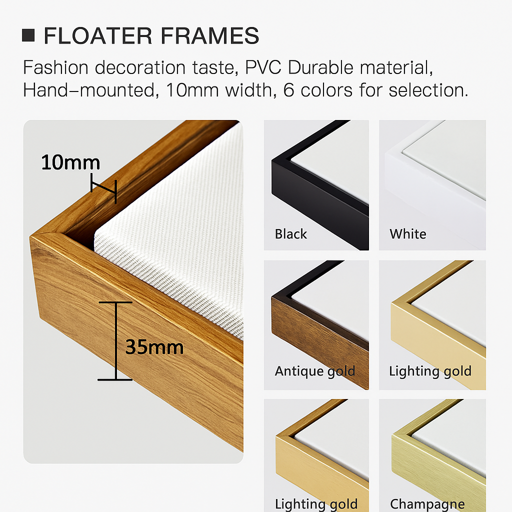 Floaters frames with dimensions and color options on a white background