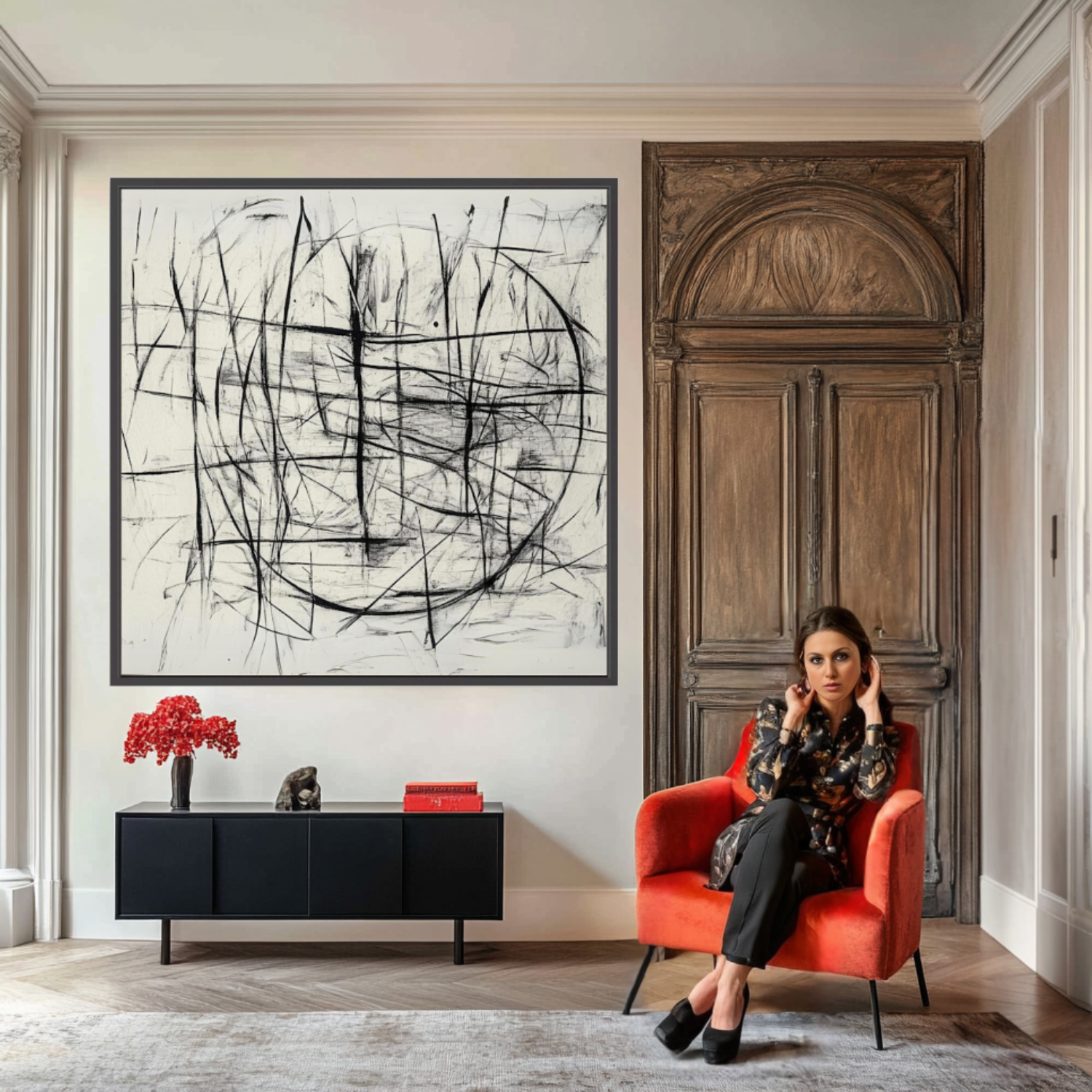 Canvas Print : Chaotic Balance - Abstract Black and White Line Art-Chiara Rossetti