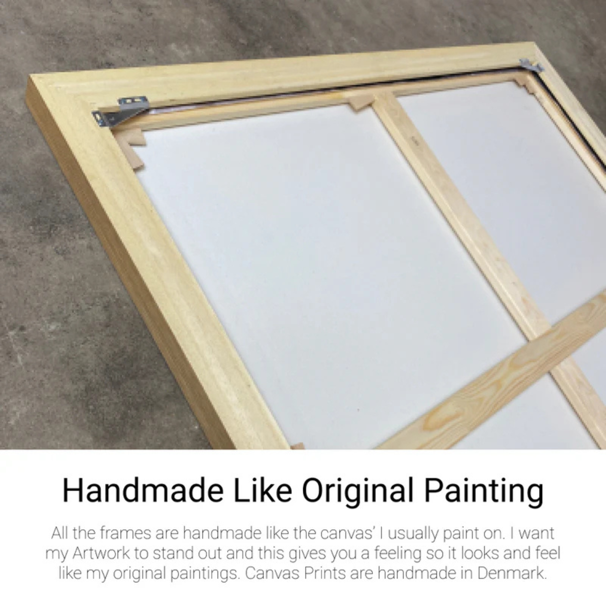 Wooden picture frame on a concrete surface with text about handmade frames.