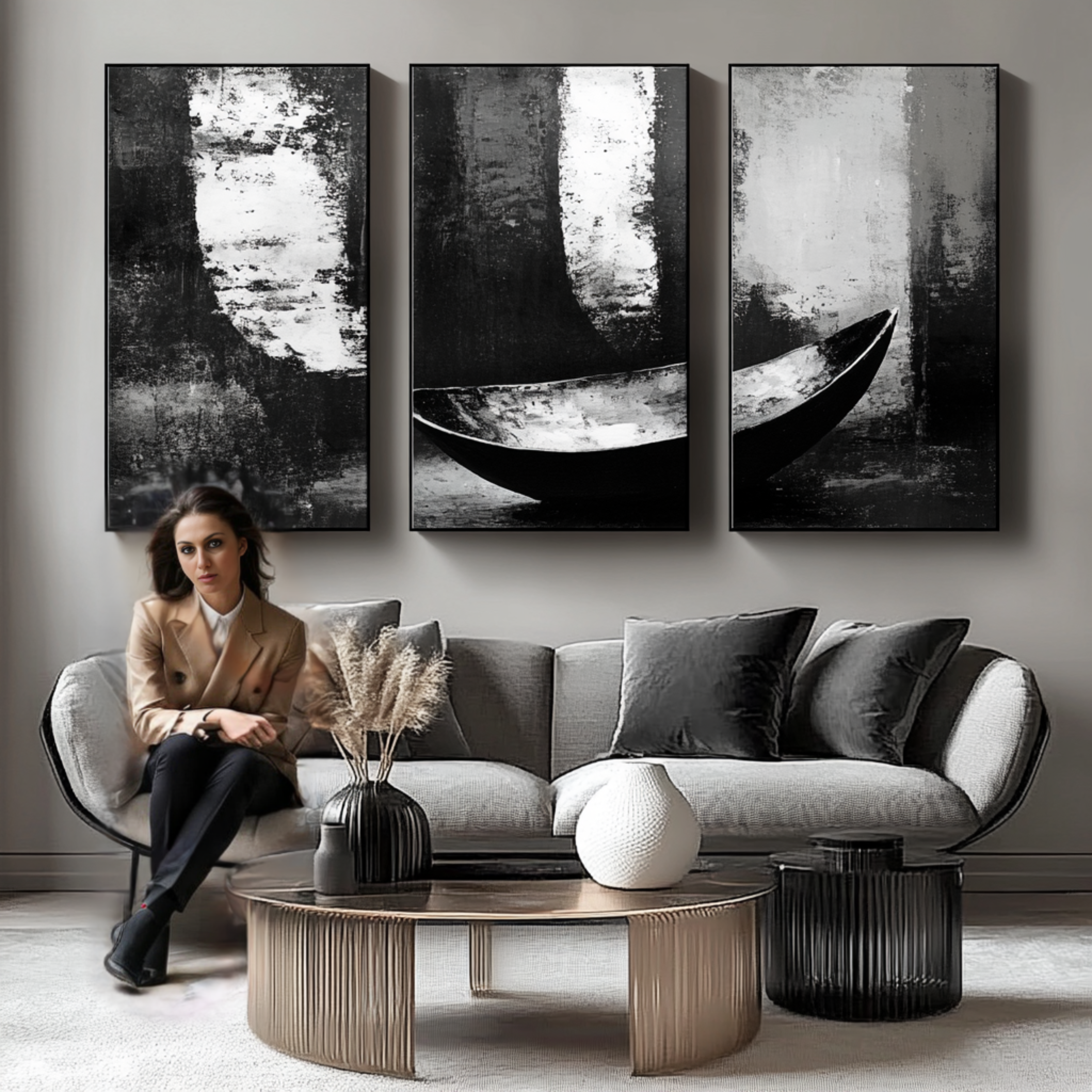 Canvas Print: Monochrome Serenity - Black and White Canvas Set of 3-Chiara Rossetti