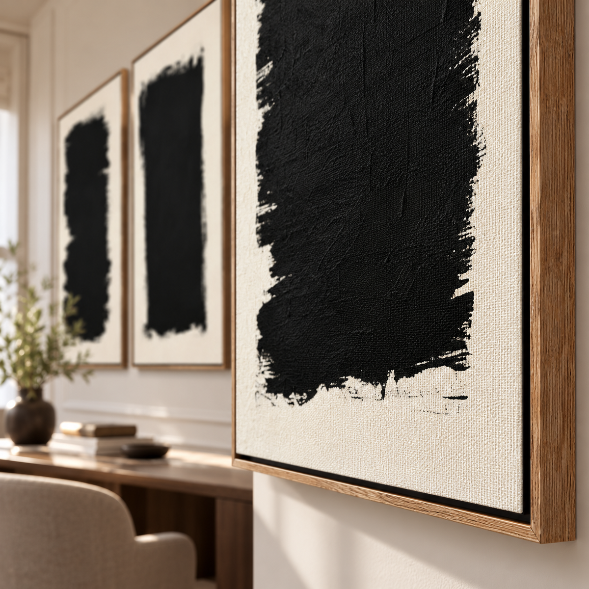 3 Piece Abstract Wall Art – Black Monoliths close-up of textured black brushwork and floater frame corner by Rossetti Art