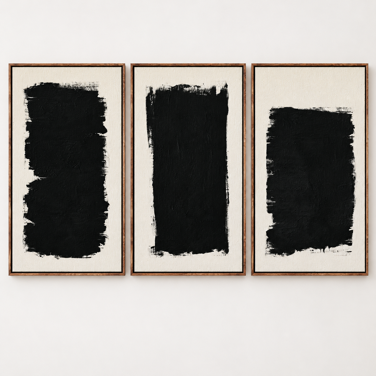3 Piece Abstract Wall Art Set – Black Monoliths three vertical framed panels, black on cream, by Rossetti Art