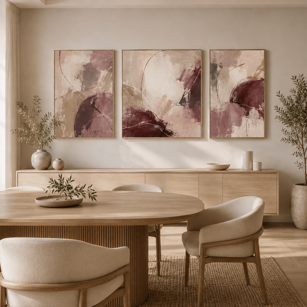 3 piece canvas wall art in cream, taupe, and burgundy abstract marble style, Velvet Fracture by Rossetti Art, dining room setting