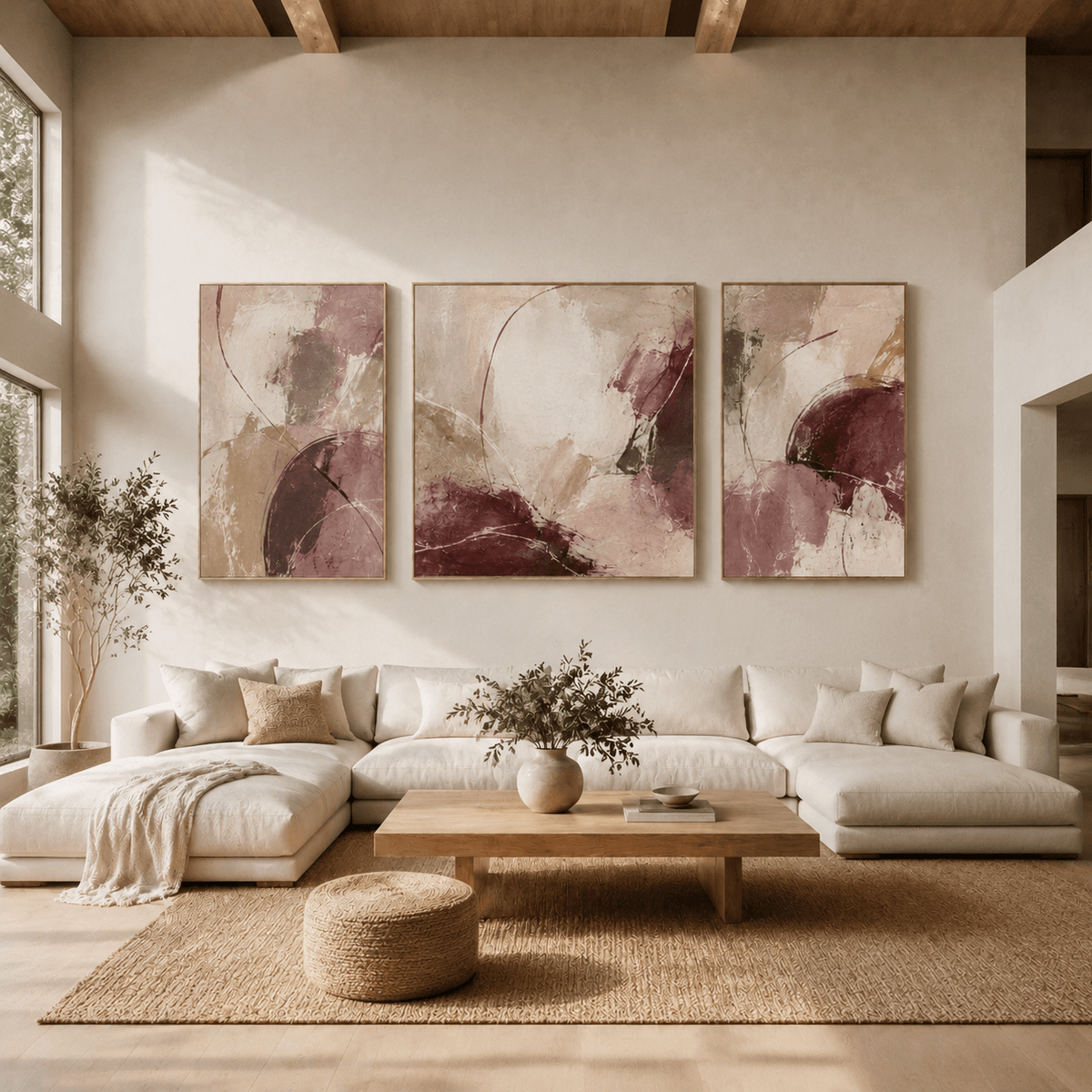 3 piece canvas wall art in cream, taupe, and burgundy abstract marble style, Velvet Fracture by Rossetti Art, living room setting