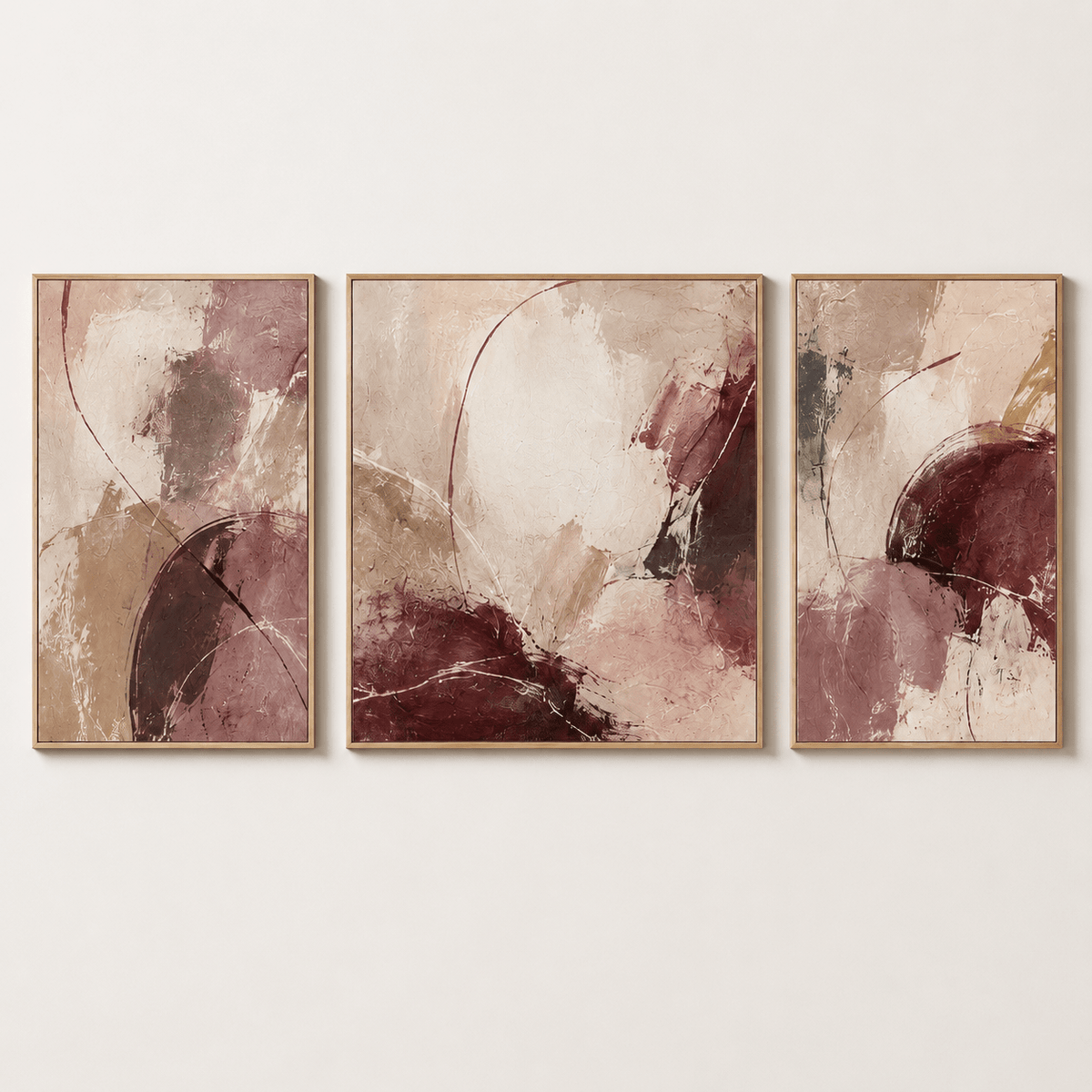 3 piece canvas wall art in cream, taupe, and burgundy abstract marble style, Velvet Fracture by Rossetti Art, plain product shot