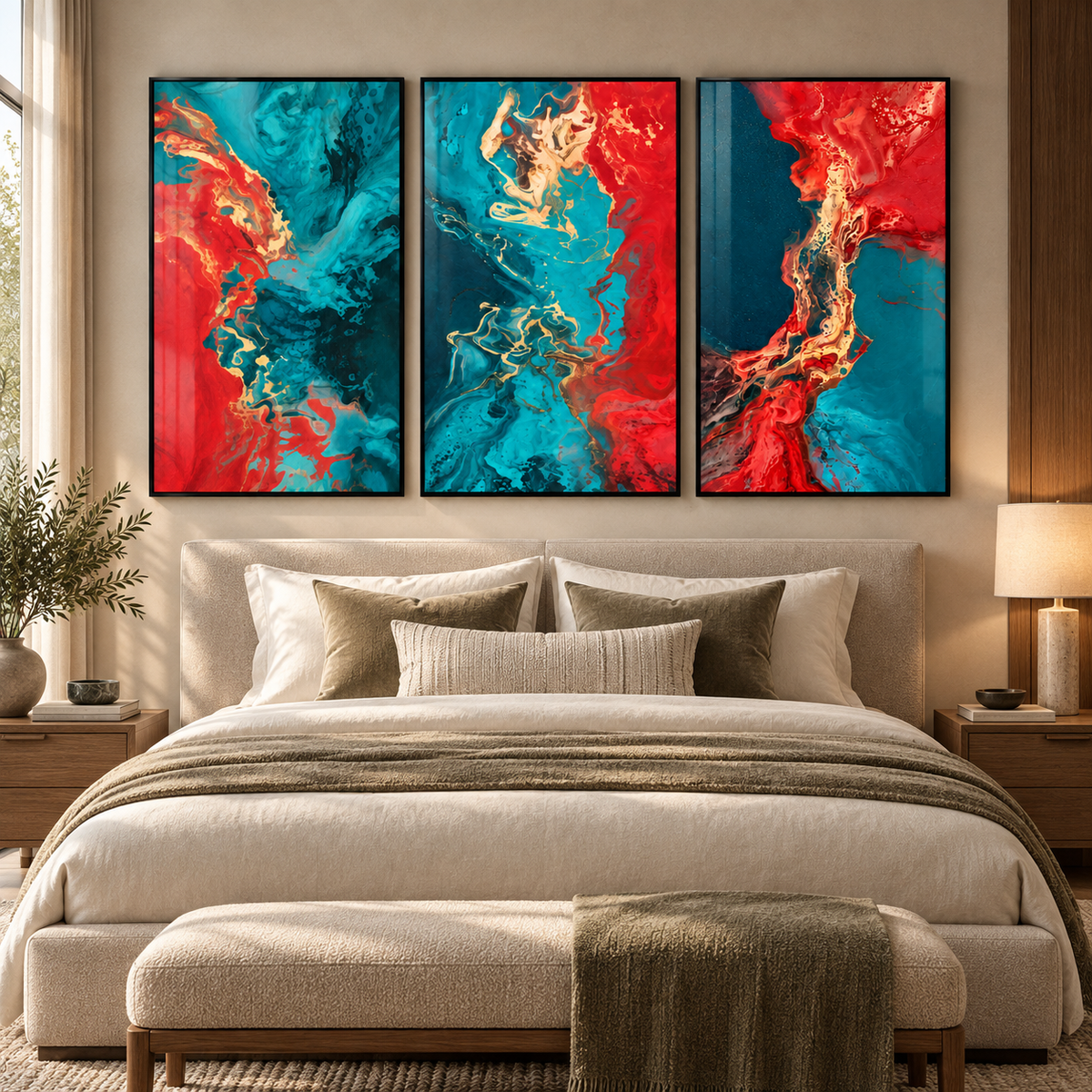 3 piece wall art – set of 3 red, turquoise and gold fluid abstract acrylic prints in black frames above a bed in a warm bedroom by Rossetti Art