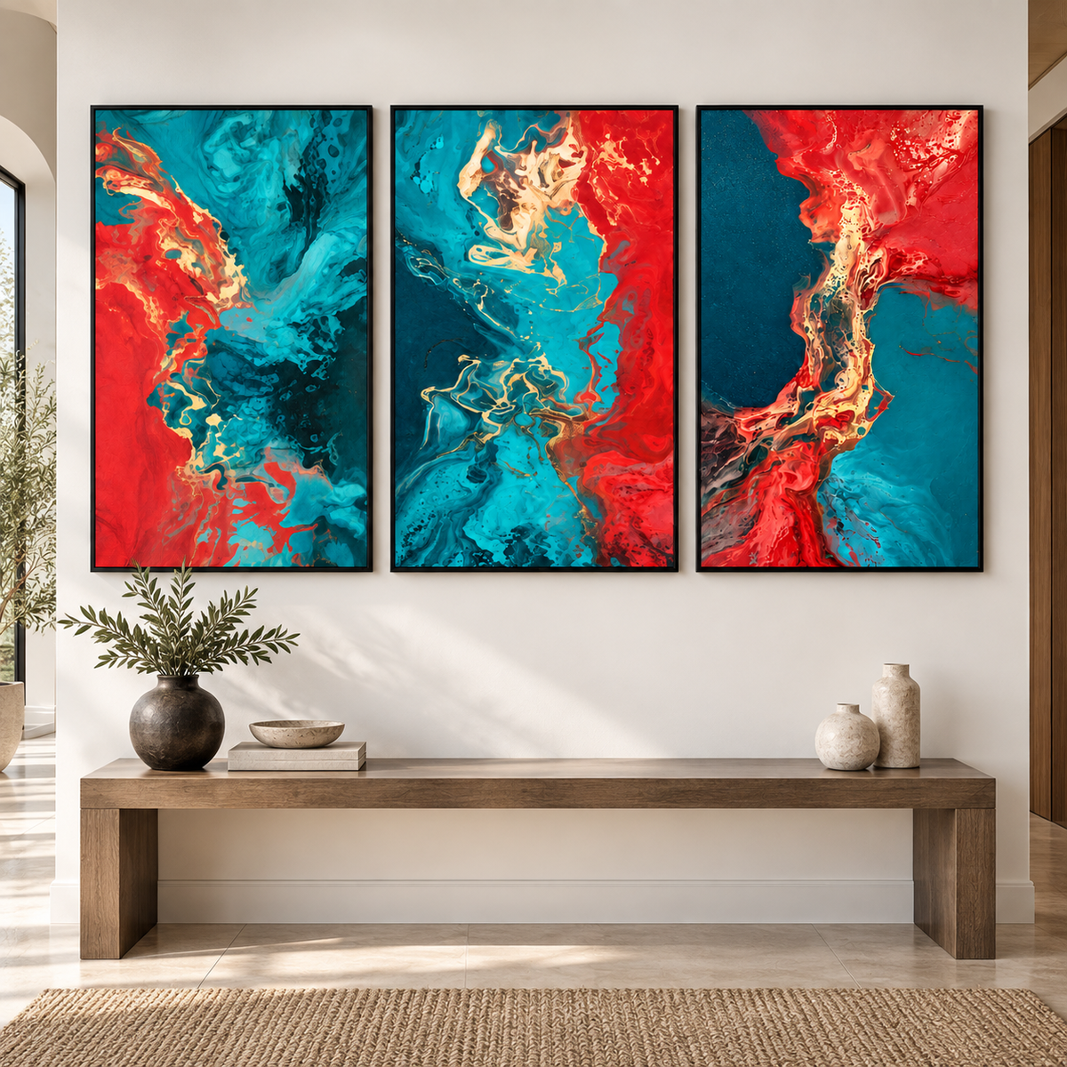 3 piece wall art – set of 3 vertical red and turquoise fluid abstract acrylic prints in black frames above a wooden bench in an entryway by Rossetti Art