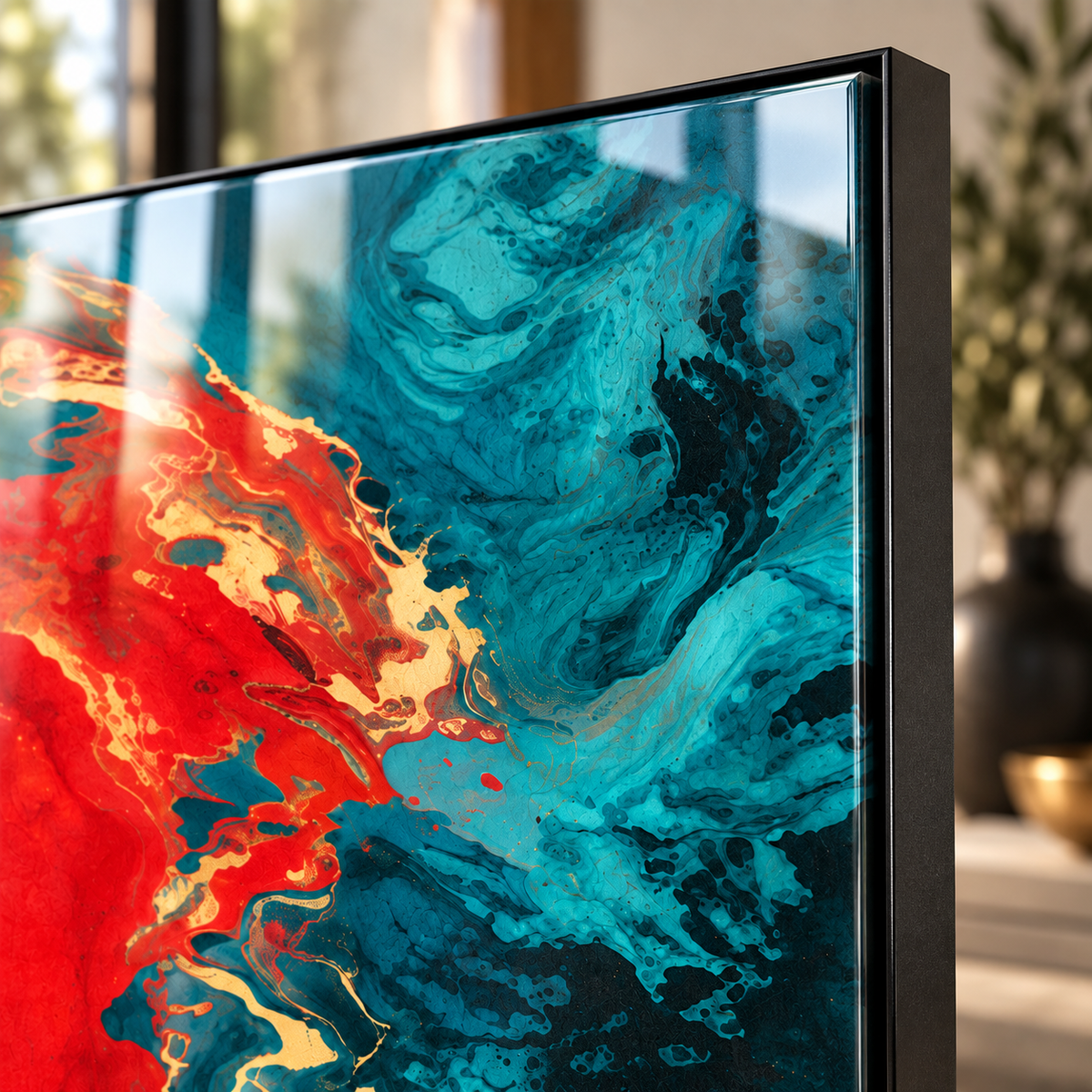 3 piece wall art – close-up of the glossy acrylic surface and black floater frame corner of a red and turquoise fluid abstract print by Rossetti Art