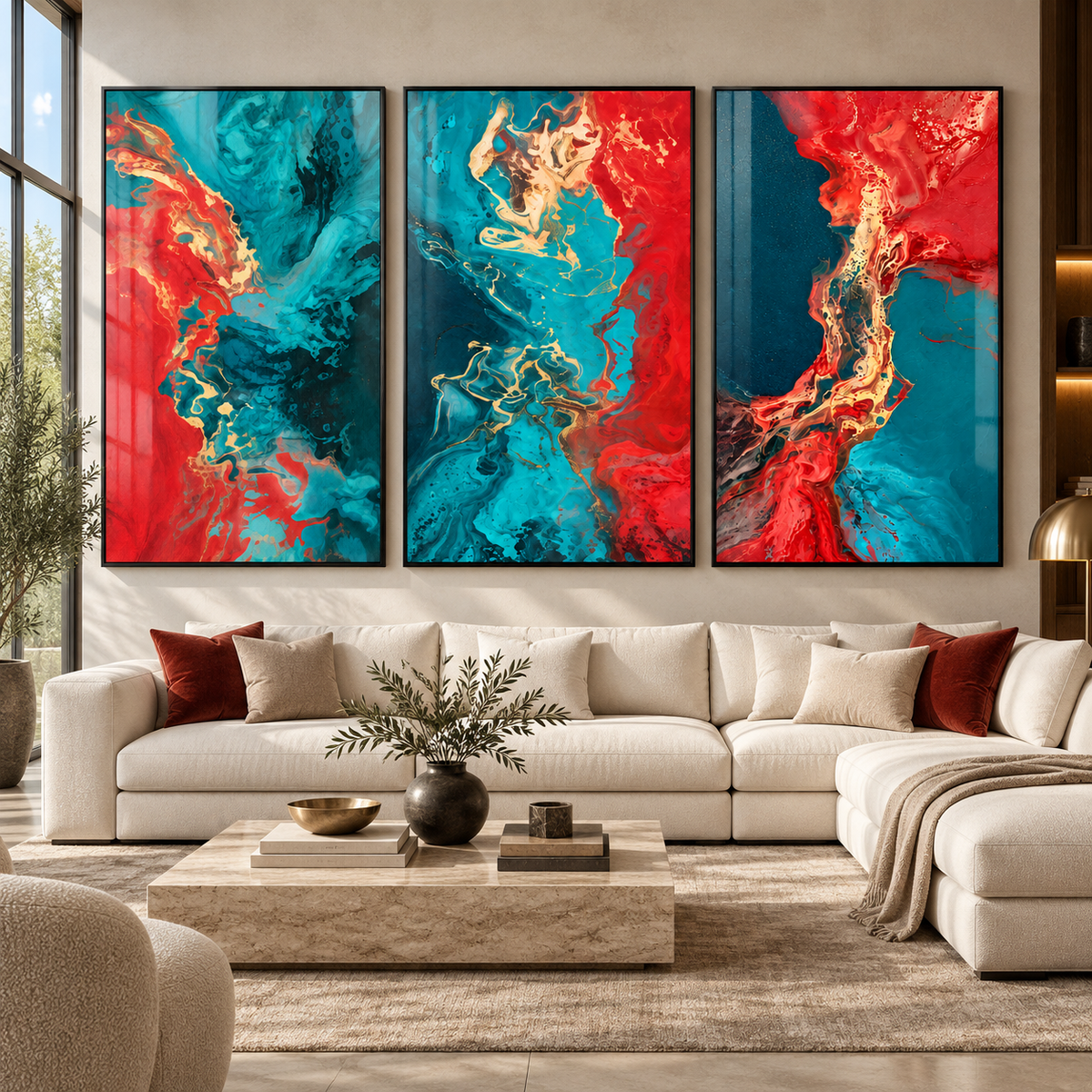 3 piece wall art – set of 3 red, turquoise and gold fluid abstract acrylic prints in black frames above a cream sectional sofa by Rossetti Art