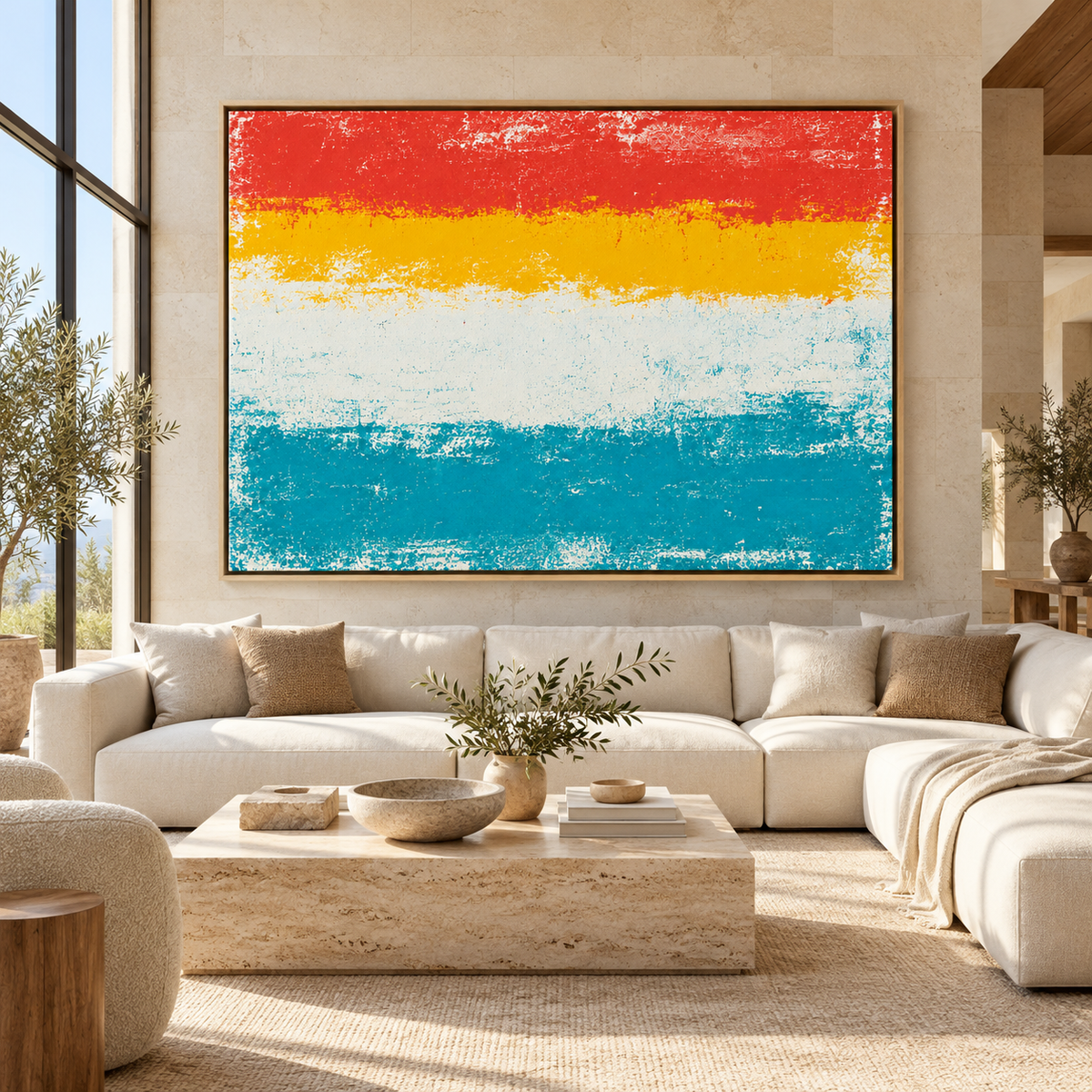 70s Wall Art – Sunset Stripe by Rossetti Art – large red, yellow and teal striped canvas above a cream sofa in a bright living room