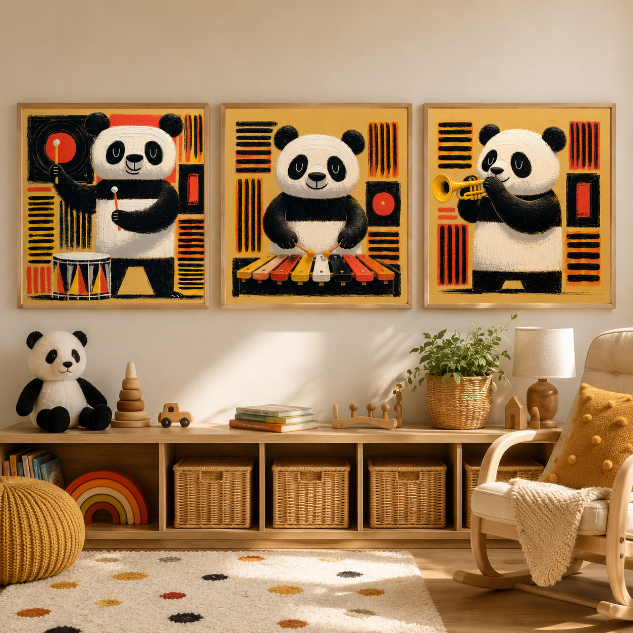Panda Wall Art Nursery Canvas Print Set of 3 — Panda Band by Rossetti Art