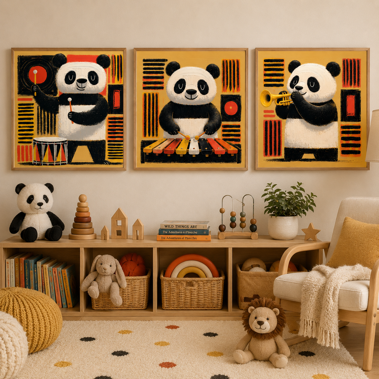 Panda Wall Art Nursery Canvas Print Set of 3 — Panda Band by Rossetti Art