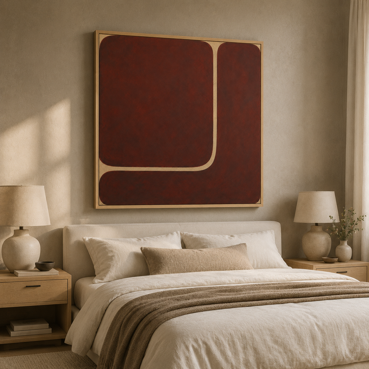 Burgundy wall art canvas print – Quiet Divide in an oak floater frame above a bed in a neutral bedroom, by Rossetti Art