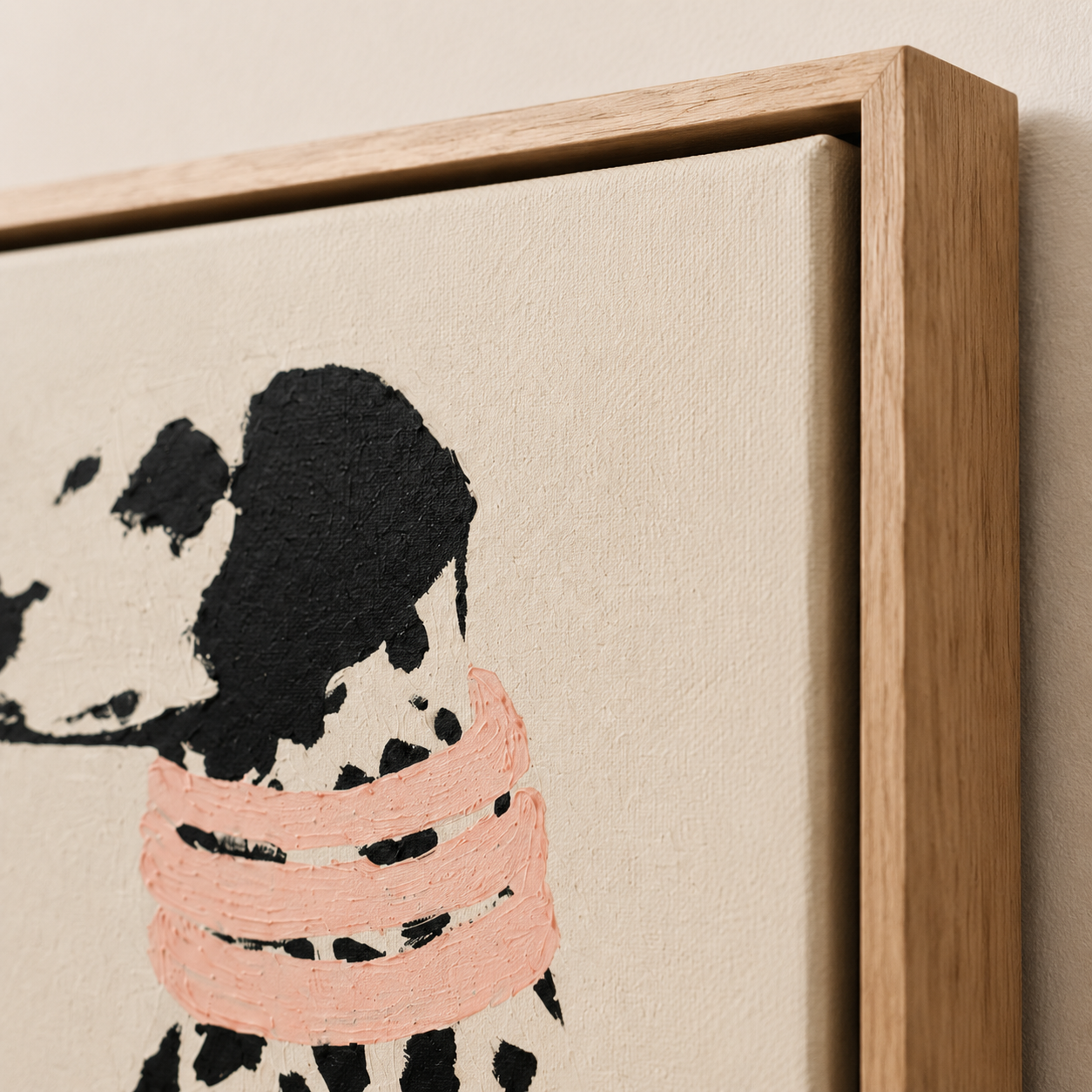 Close-up of black and white Dalmatian dog wall art showing expressive painted texture and pink collar