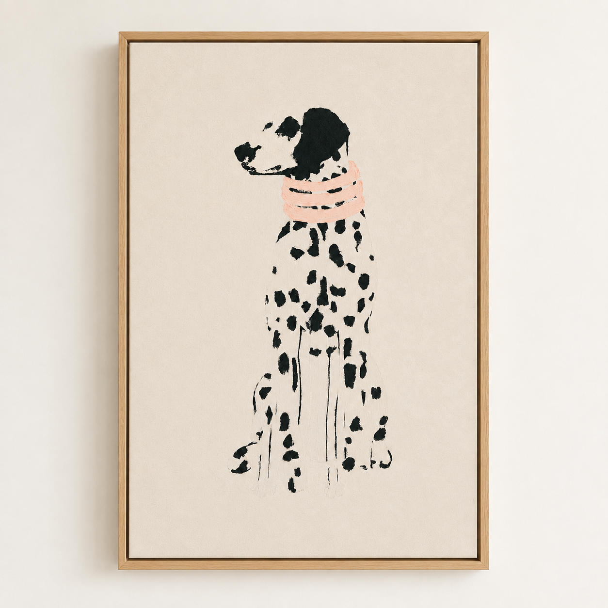 Minimalist black and white Dalmatian dog wall art with a soft pink collar on a warm beige background