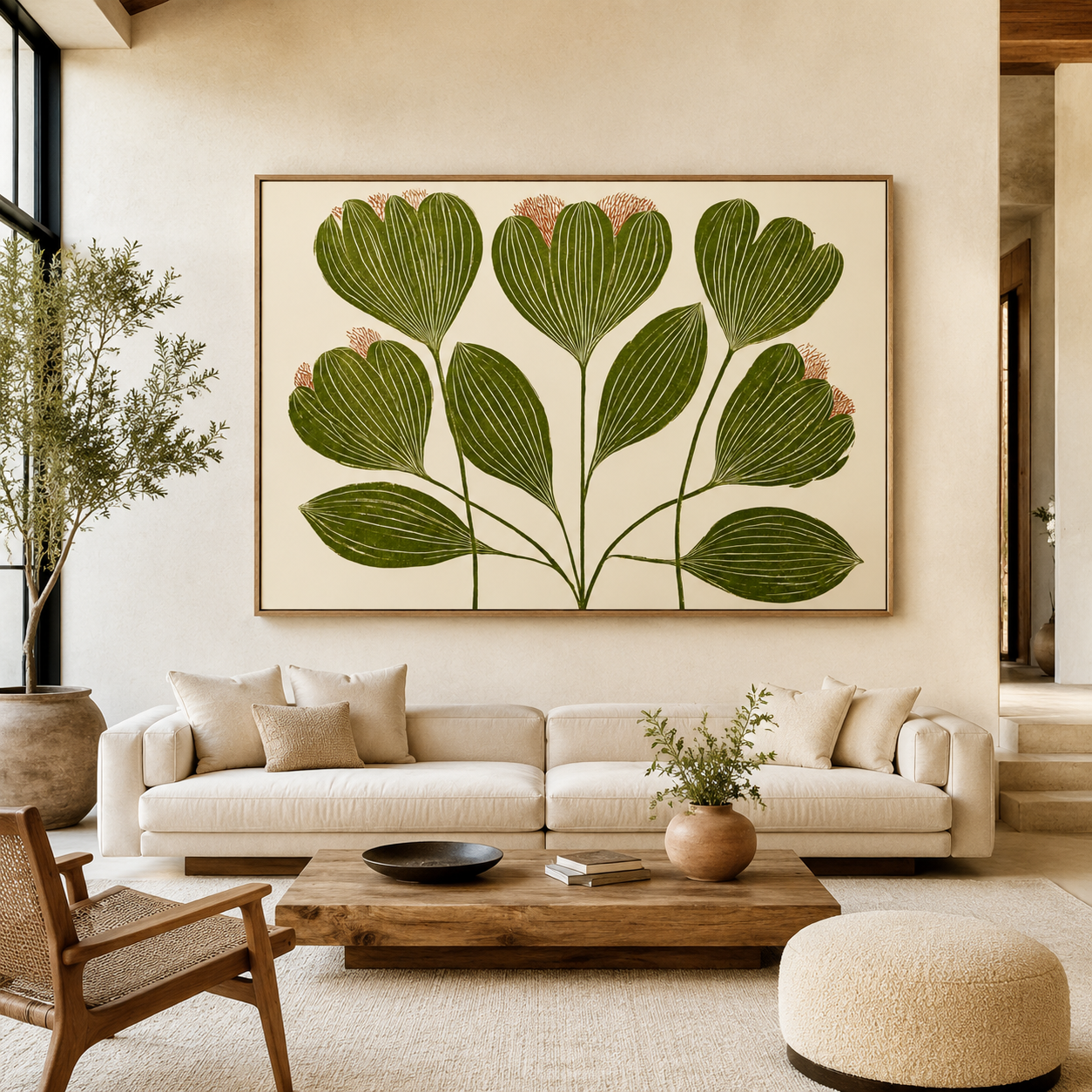 Horizontal green botanical leaf wall art canvas print with rust-colored accents