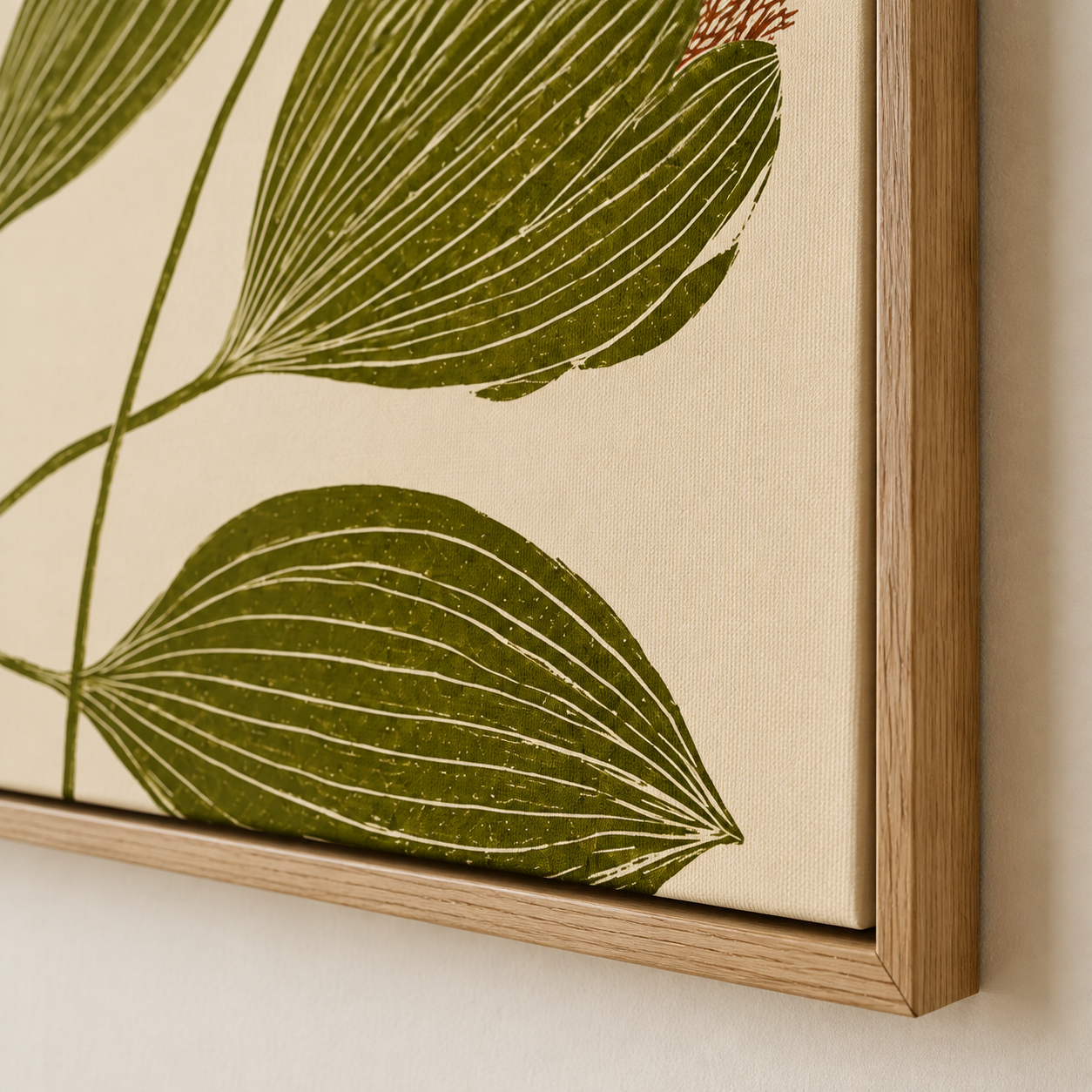 Landscape botanical leaf canvas wall art in a warm ivory composition