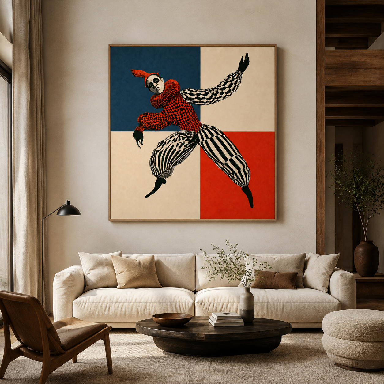 Colorful figurative canvas wall art displayed above a neutral living room sofa