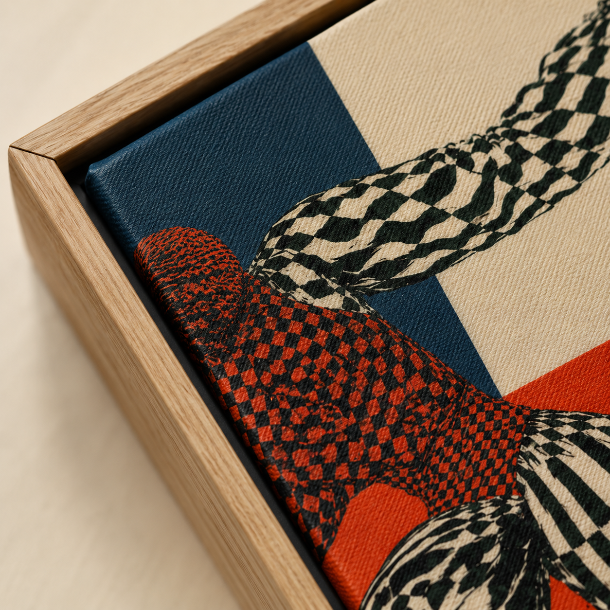 Close-up detail of patterned harlequin canvas texture and wood frame