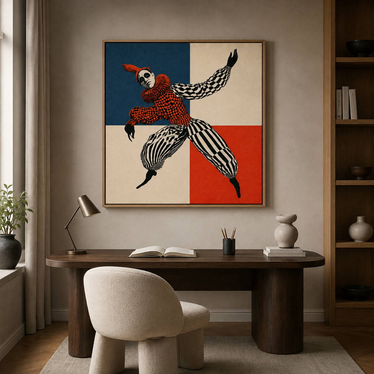 Square harlequin canvas print displayed above a modern home office desk
