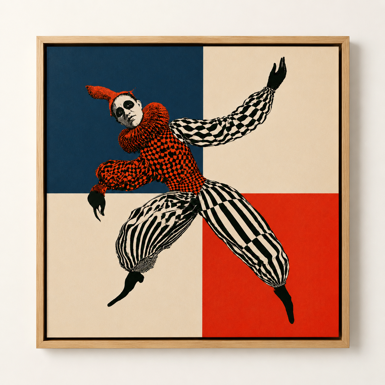 Harlequin canvas print The Jester’s Leap with red blue ivory and black geometric figure