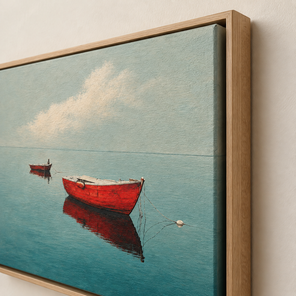 Close-up detail of boat wall art canvas texture in an oak floater frame – Still Anchorage by Rossetti Art