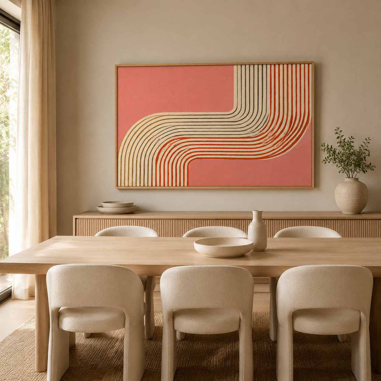 Coral wall art above a dining room sideboard – Amber Bend by Rossetti Art