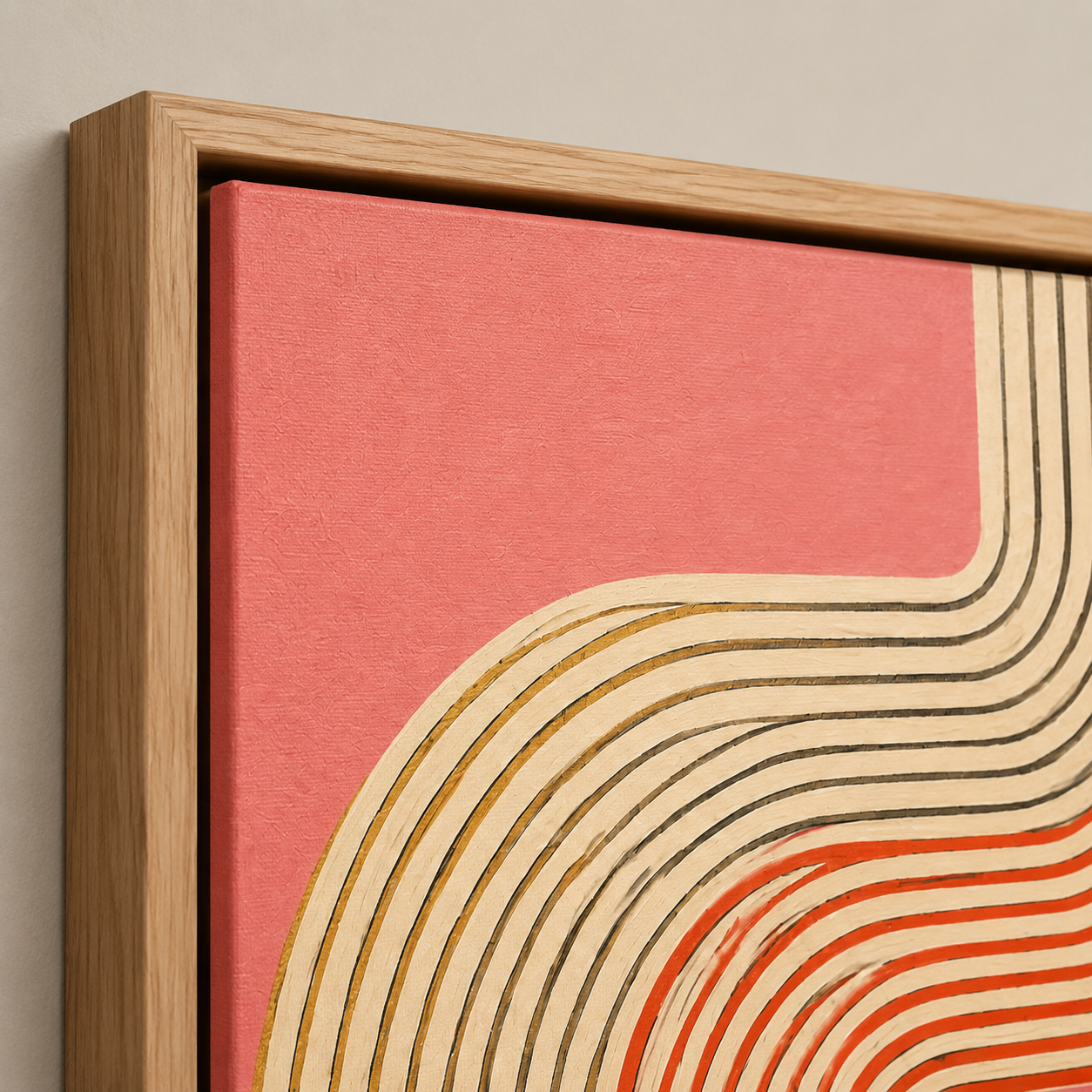 Close-up detail of coral wall art canvas texture in an oak floater frame – Amber Bend by Rossetti Art